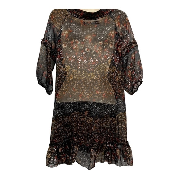 Patterson J Kincaid Sheer Boho Floral Slip Dress Tunic Gold Bead Accents Small - Picture 5 of 8